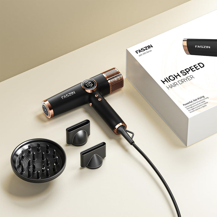 Faszin Hair Dryer, Lightweight Blow Dryer with 110,000 RPM High - Speed Motor for Fast Drying, 200 Million Ionic Hairdryer with Auto - Clean, Low Noise, and 3 Magnetic Nozzles for Travel, Salon, Home - Just Closeouts Canada Inc.