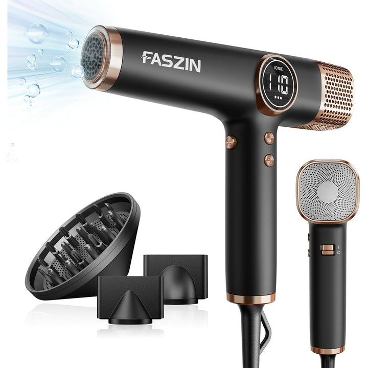 Faszin Hair Dryer, Lightweight Blow Dryer with 110,000 RPM High - Speed Motor for Fast Drying, 200 Million Ionic Hairdryer with Auto - Clean, Low Noise, and 3 Magnetic Nozzles for Travel, Salon, Home - Just Closeouts Canada Inc.