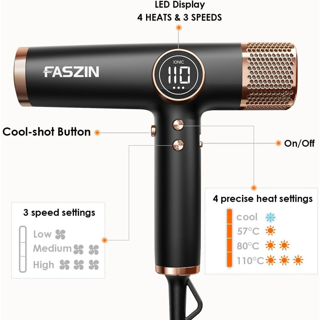 Faszin Hair Dryer, Lightweight Blow Dryer with 110,000 RPM High - Speed Motor for Fast Drying, 200 Million Ionic Hairdryer with Auto - Clean, Low Noise, and 3 Magnetic Nozzles for Travel, Salon, Home - Just Closeouts Canada Inc.
