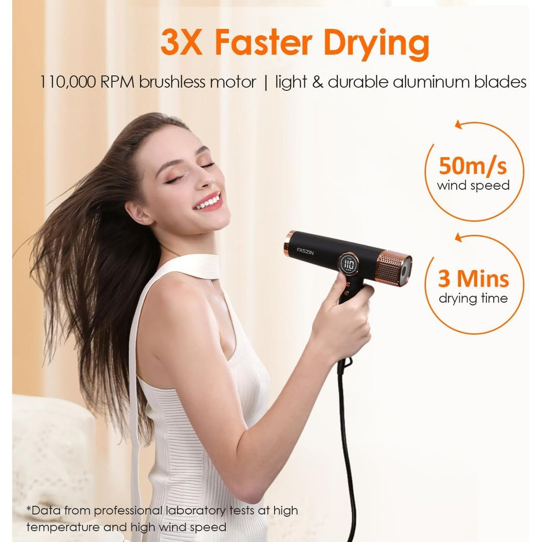 Faszin Hair Dryer, Lightweight Blow Dryer with 110,000 RPM High - Speed Motor for Fast Drying, 200 Million Ionic Hairdryer with Auto - Clean, Low Noise, and 3 Magnetic Nozzles for Travel, Salon, Home - Just Closeouts Canada Inc.