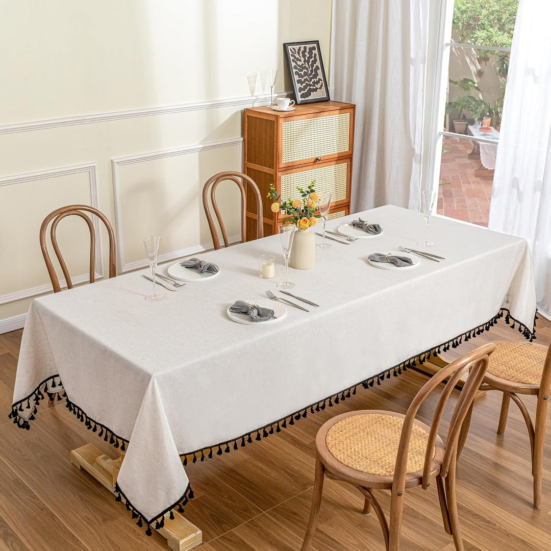 Faux Linen Table Cloth Nappe Table Rectangulaire 60x84 Inch, Boho Tablecloth Dustproof Table Cover for Kitchen Party Holiday Christmas Wedding Banquet, Beige with Black Tassels - Just Closeouts Canada Inc.X003L4LWKF