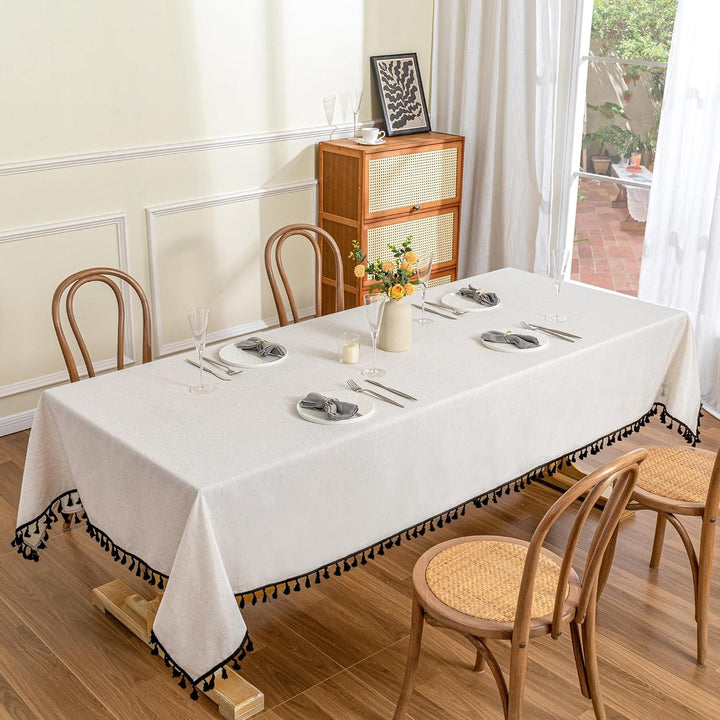 Faux Linen Table Cloth Nappe Table Rectangulaire 60x84 Inch, Boho Tablecloth Dustproof Table Cover for Kitchen Party Holiday Christmas Wedding Banquet, Beige with Black Tassels - Just Closeouts Canada Inc.X003L4LWKF
