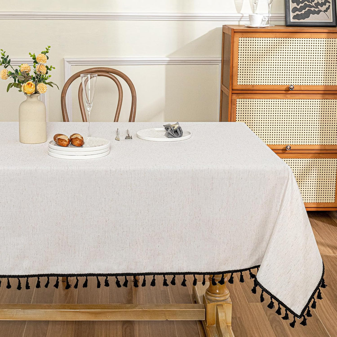 Faux Linen Table Cloth Nappe Table Rectangulaire 60x84 Inch, Boho Tablecloth Dustproof Table Cover for Kitchen Party Holiday Christmas Wedding Banquet, Beige with Black Tassels - Just Closeouts Canada Inc.X003L4LWKF