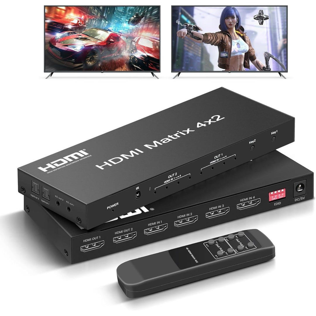 FERRISA 4x2 HDMI Matrix Switch,4 in 2 Out Matrix HDMI Video Switcher Splitter +Optical & L/R Audio Output,Support Ultra HD 4K,3D 1080P,Audio EDID Extractor with IR Remote Control - Just Closeouts Canada Inc.