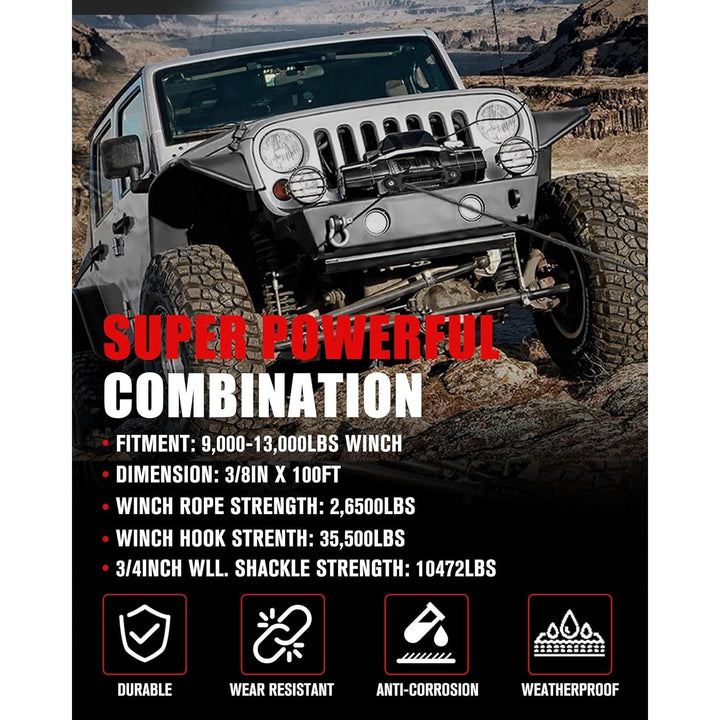 FIERYRED Synthetic Winch Rope Cable Kit 3/8inch 100FT 26500lbs Winch Line Replacement with Forged Hook D Ring Shackle Protective Sleeve for 4WD Off - Road Vehicle SUV, Black - Just Closeouts Canada Inc.