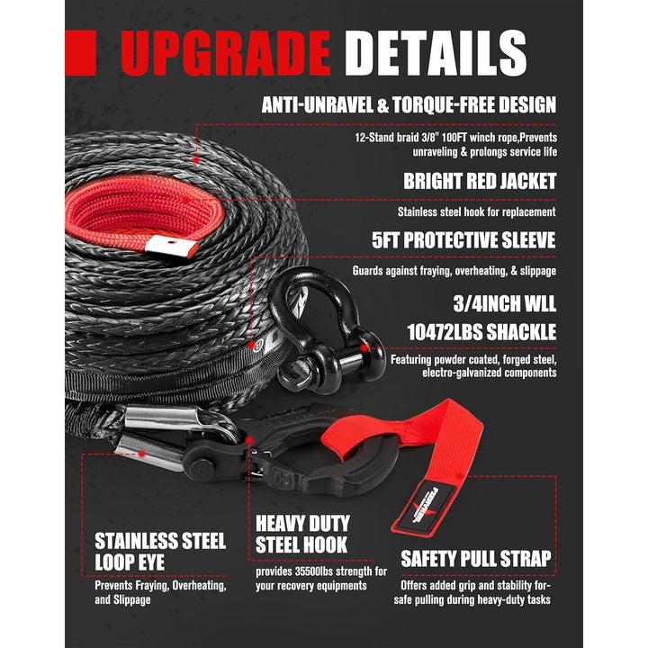 FIERYRED Synthetic Winch Rope Cable Kit 3/8inch 100FT 26500lbs Winch Line Replacement with Forged Hook D Ring Shackle Protective Sleeve for 4WD Off - Road Vehicle SUV, Black - Just Closeouts Canada Inc.