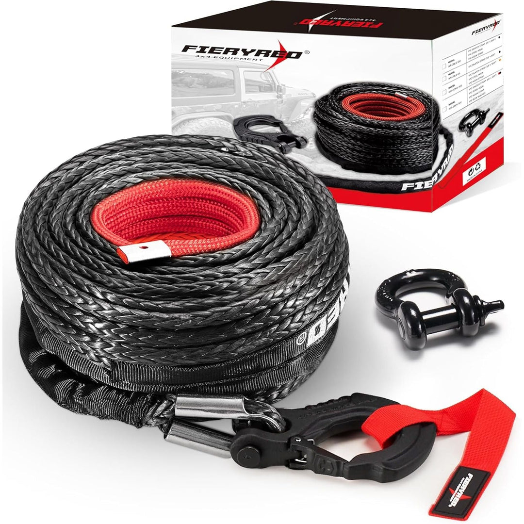 FIERYRED Synthetic Winch Rope Cable Kit 3/8inch 100FT 26500lbs Winch Line Replacement with Forged Hook D Ring Shackle Protective Sleeve for 4WD Off - Road Vehicle SUV, Black - Just Closeouts Canada Inc.
