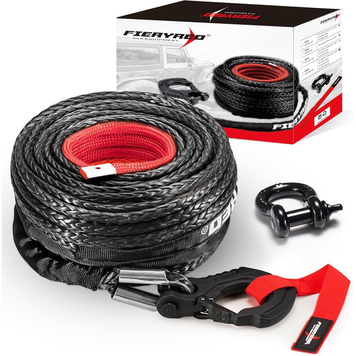 FIERYRED Synthetic Winch Rope Cable Kit 3/8inch 100FT 26500lbs Winch Line Replacement with Forged Hook D Ring Shackle Protective Sleeve for 4WD Off - Road Vehicle SUV, Black - Just Closeouts Canada Inc.