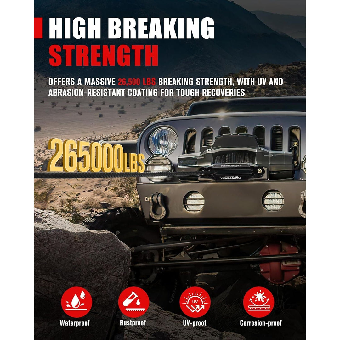 FIERYRED Synthetic Winch Rope Cable Kit 3/8inch 100FT 26500lbs Winch Line Replacement with Forged Hook D Ring Shackle Protective Sleeve for 4WD Off - Road Vehicle SUV, Black - Just Closeouts Canada Inc.