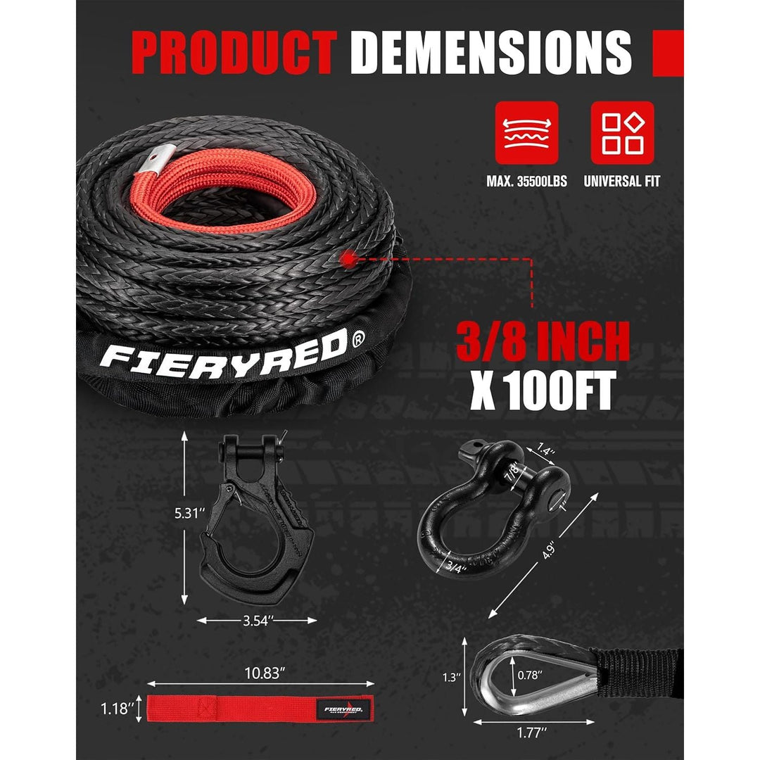 FIERYRED Synthetic Winch Rope Cable Kit 3/8inch 100FT 26500lbs Winch Line Replacement with Forged Hook D Ring Shackle Protective Sleeve for 4WD Off - Road Vehicle SUV, Black - Just Closeouts Canada Inc.