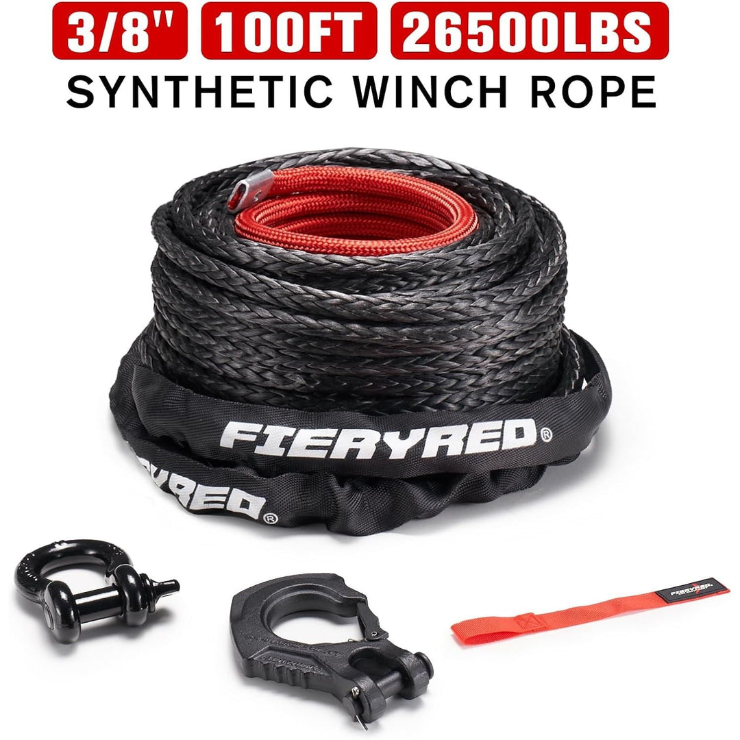 FIERYRED Synthetic Winch Rope Cable Kit 3/8inch 100FT 26500lbs Winch Line Replacement with Forged Hook D Ring Shackle Protective Sleeve for 4WD Off - Road Vehicle SUV, Black - Just Closeouts Canada Inc.
