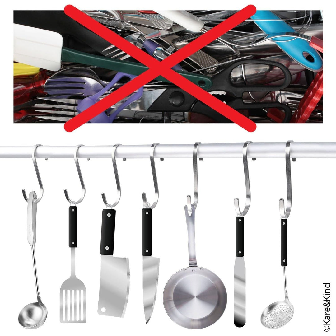 Flat S-Shaped Hanging Hooks - for Kitchen Utensils, Garage or Garden Tools, etc. - Heavy Duty Genuine Solid 304 Stainless Steel - Multi Purpose - This Kit Contains 10 Small Hooks - Just Closeouts Canada Inc.