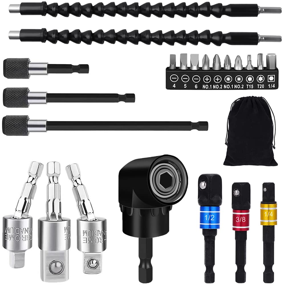 Flexible Drill Bit Extension Set, 105° Right Angle Drill Attachment, 1/4 3/8 1/2" Hex Shank Impact Driver Socket Adapter Rotatable Socket, Bendable Drill Bit Extension and Screwdriver Bit Kit - Just Closeouts Canada Inc.