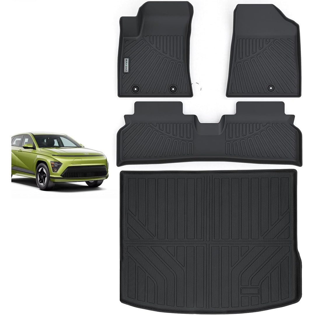 Floor Mats & Trunk Mat for 2024 2025 2026 Hyundai KONA Electric (Non Fuel),TPE All Weather Protection 1st & 2nd Row Car Floor Liners Front & Cargo Liners Accessories - Black - Just Closeouts Canada Inc.X004B1LSDX