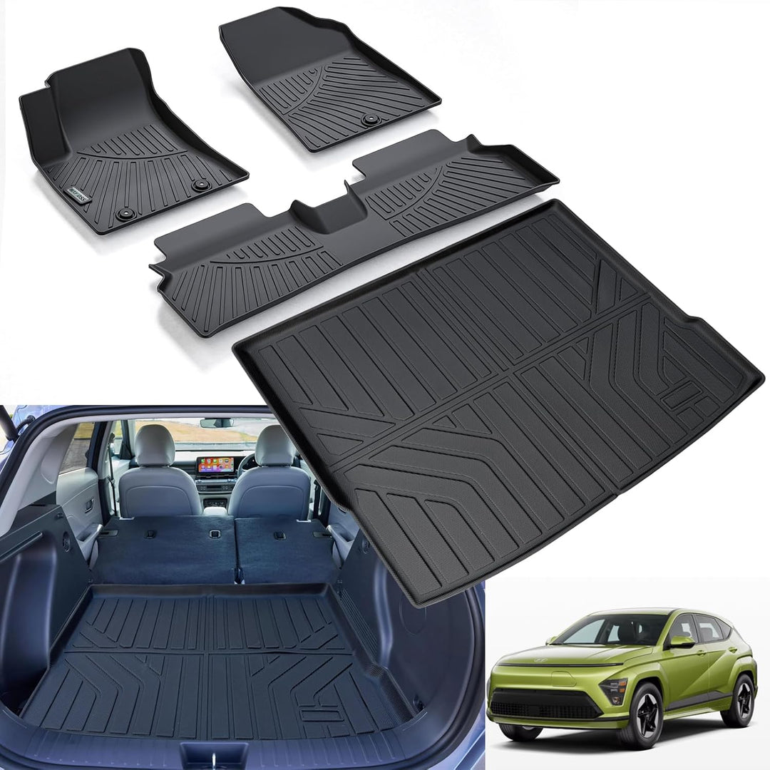 Floor Mats & Trunk Mat for 2024 2025 2026 Hyundai KONA Electric (Non Fuel),TPE All Weather Protection 1st & 2nd Row Car Floor Liners Front & Cargo Liners Accessories - Black - Just Closeouts Canada Inc.X004B1LSDX