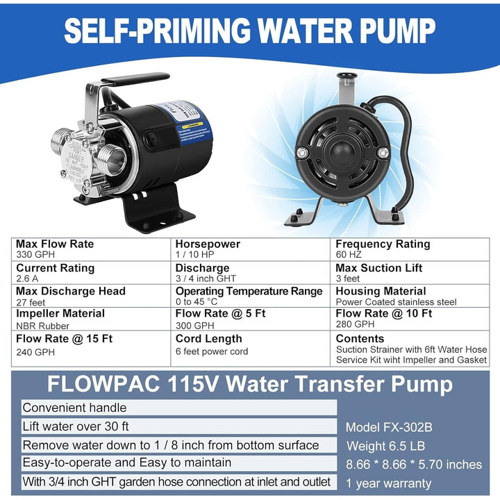 FLOWPAC 115V Water Transfer Pump With Convenient Switch,1/10 HP 330 GPH with 3/4 inch Ports Suction Hose Water Pump - New upgrade - Just Closeouts Canada Inc.