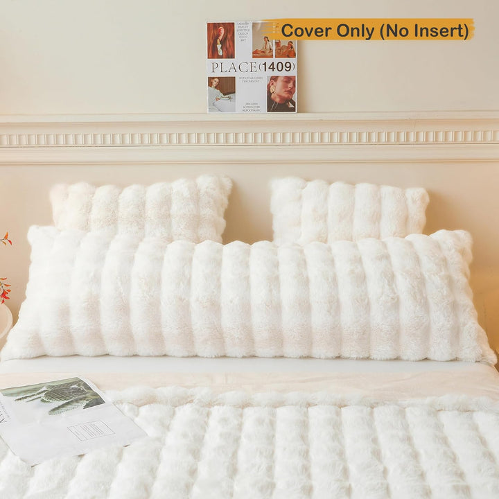 Fluffy Faux Rabbit Fur Body Pillow Cover, Luxury Bubble Waffle Shaggy Plush Bed Body Pillowcase with Zipper Closure, Long 20"x54" Fuzzy Furry Pillow Case for Adults Kids Girls Teens, White - Just Closeouts Canada Inc.