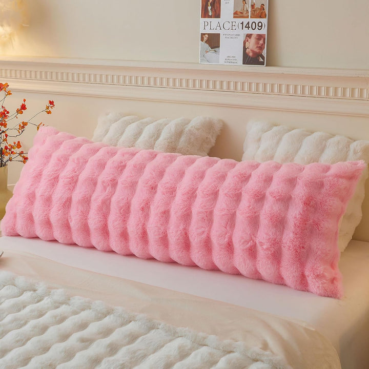 Fluffy Faux Rabbit Fur Body Pillow Cover, Soft Cute Bubble Waffle Shaggy Plush Bed Body Pillowcase with Zipper Closure, Long 20"x54" Fuzzy Furry Pillow Case for Pregnancy Side Sleeper, Pink - Just Closeouts Canada Inc.X004LZ43XL