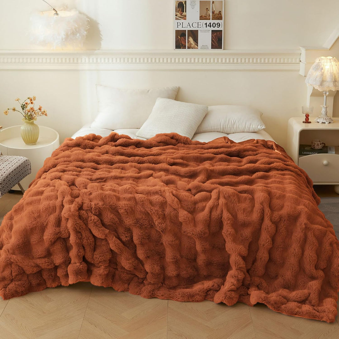 Fluffy Faux Rabbit Fur King Size Blanket for Bed, Soft Cozy and Plush Furry Waffle Bubble Throw Blanket for All Season, Fuzzy Sleeping Throw Home Decor for Women Girls, 104x90, Burnt Orange - Just Closeouts Canada Inc.X004TVQL5F