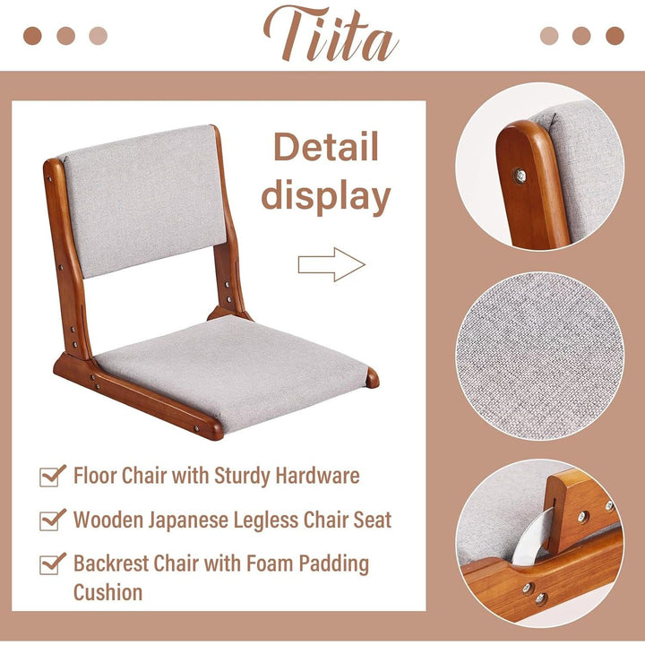 Foldable Tatami Chair, Japanese floor Chair, Wood Legless Back Rest Chair with Cushion, Accent Meditation Floor Chair Bay Window, Walnut Grey - Just Closeouts Canada Inc.