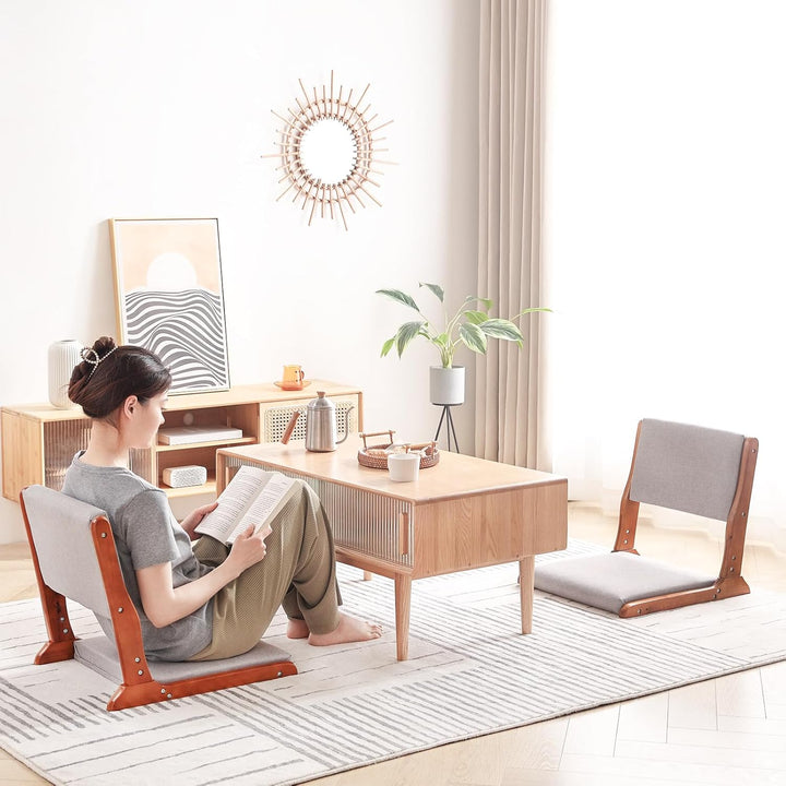 Foldable Tatami Chair, Japanese floor Chair, Wood Legless Back Rest Chair with Cushion, Accent Meditation Floor Chair Bay Window, Walnut Grey - Just Closeouts Canada Inc.