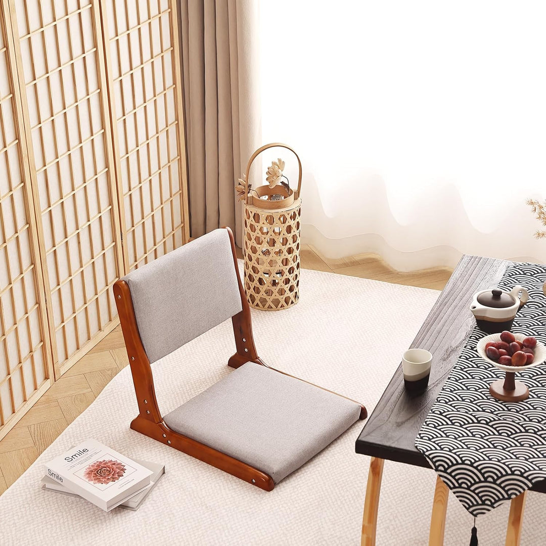 Foldable Tatami Chair, Japanese floor Chair, Wood Legless Back Rest Chair with Cushion, Accent Meditation Floor Chair Bay Window, Walnut Grey - Just Closeouts Canada Inc.