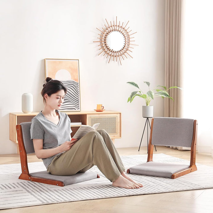 Foldable Tatami Chair, Japanese floor Chair, Wood Legless Back Rest Chair with Cushion, Accent Meditation Floor Chair Bay Window, Walnut Grey - Just Closeouts Canada Inc.