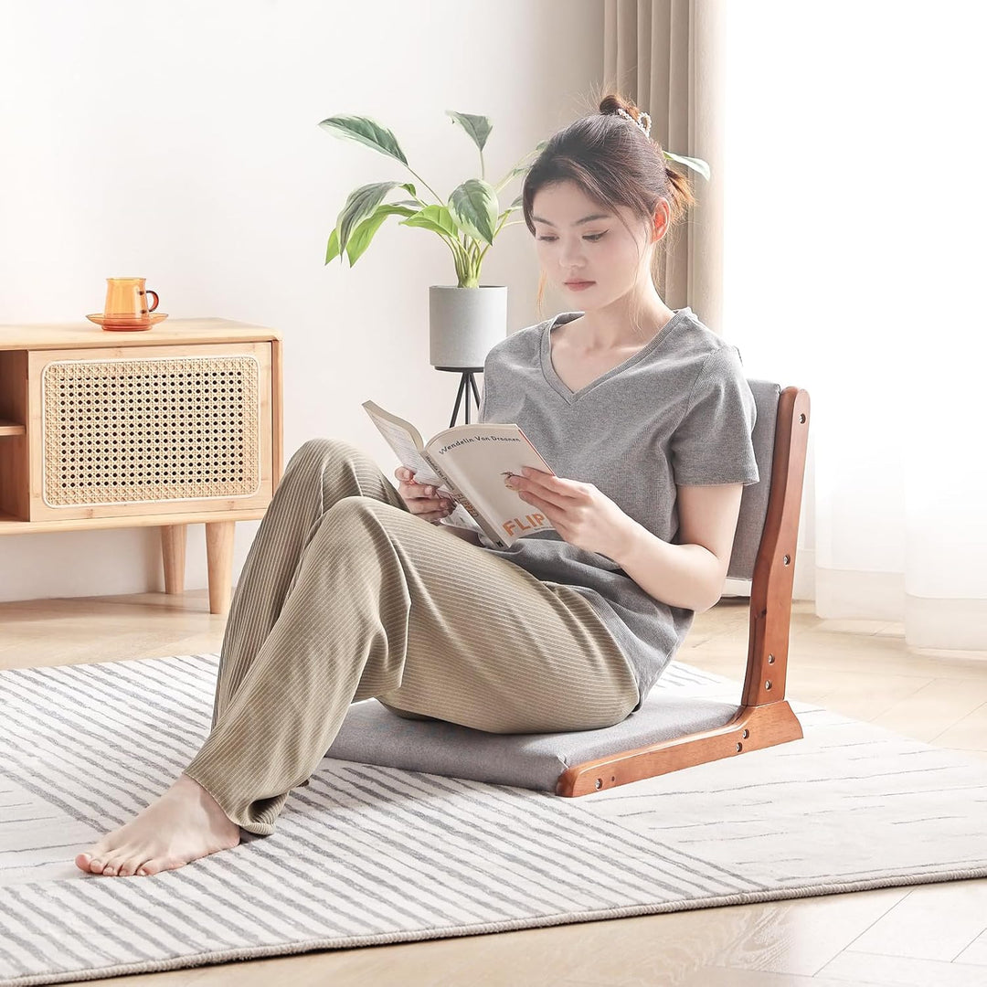 Foldable Tatami Chair, Japanese floor Chair, Wood Legless Back Rest Chair with Cushion, Accent Meditation Floor Chair Bay Window, Walnut Grey - Just Closeouts Canada Inc.