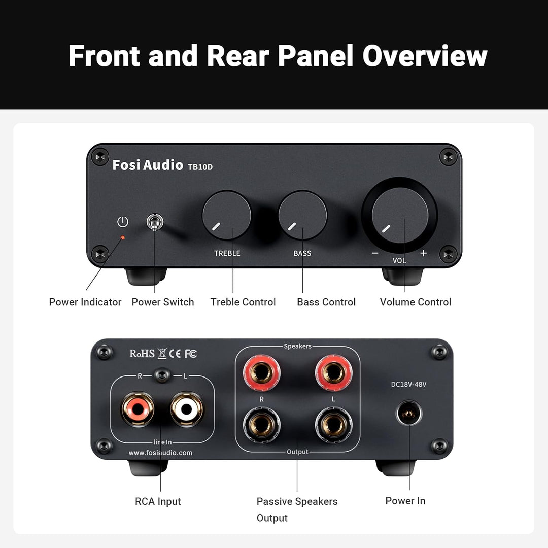 Fosi Audio TB10D 2 Channel Stereo Amplifier, Class D Mini Power Integrated Amplifiers 600W for Passive Speakers/Bass Shaker, Home Audio Component Desktop Amp Receiver TPA3255 with Bass Treble Control - Just Closeouts Canada Inc.