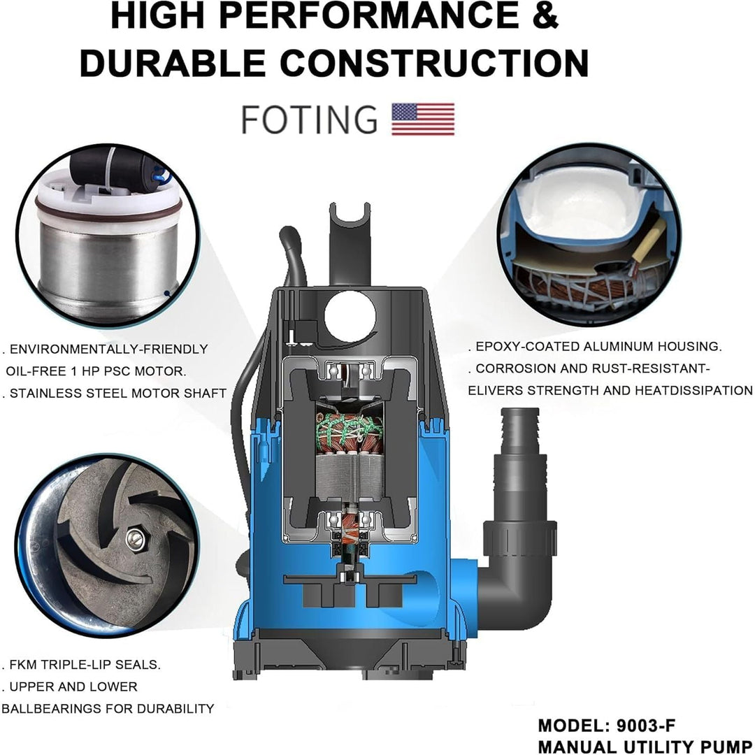 FOTING Submersible Water Pump 1HP Clean/Dirty Water Pump, 4600GPH Utility Pump Thermoplastic Electric Portable Transfer Water Pump for Swimming Pool Garden Pond Basement with 25ft Long Power Cord - Just Closeouts Canada Inc.