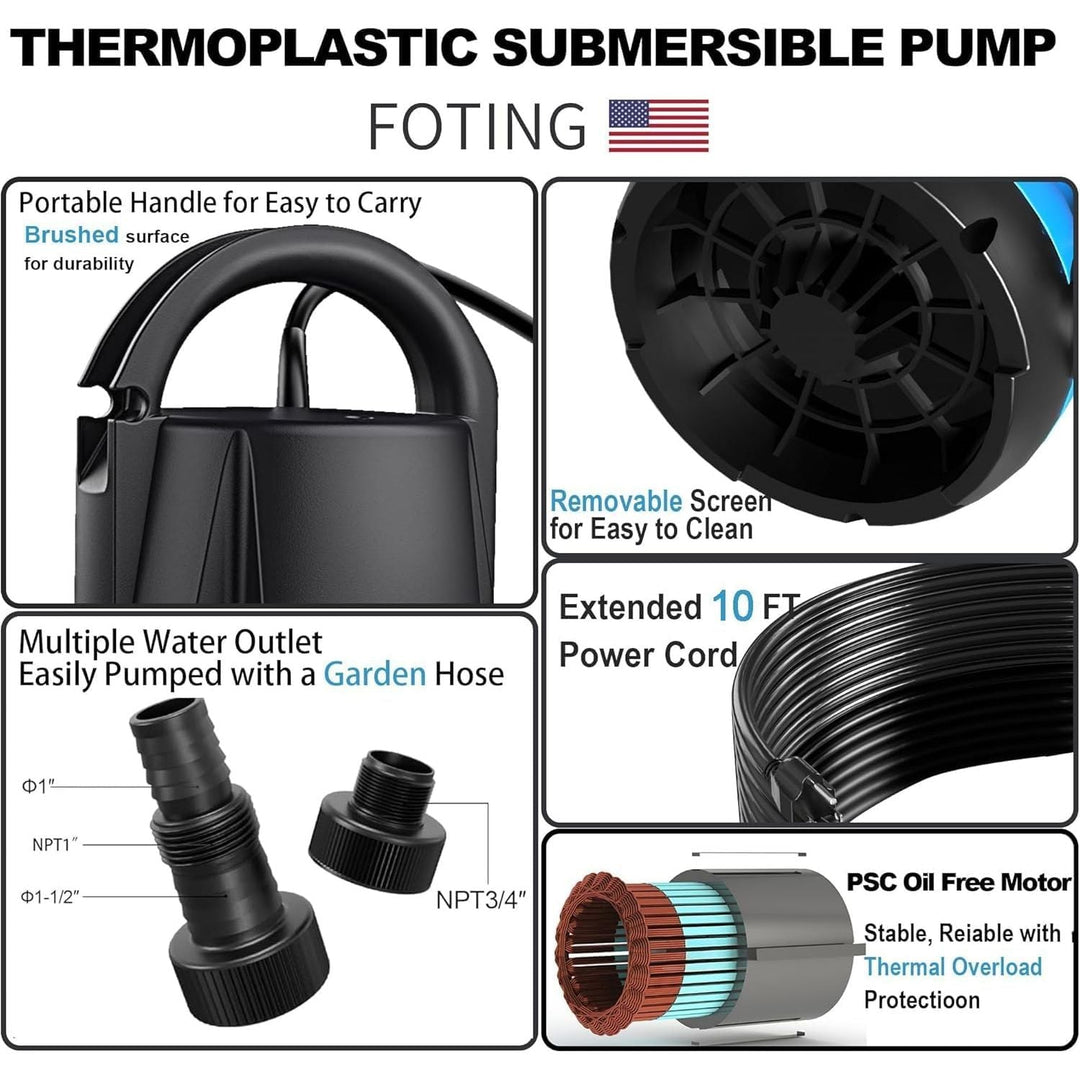 FOTING Submersible Water Pump 1HP Clean/Dirty Water Pump, 4600GPH Utility Pump Thermoplastic Electric Portable Transfer Water Pump for Swimming Pool Garden Pond Basement with 25ft Long Power Cord - Just Closeouts Canada Inc.