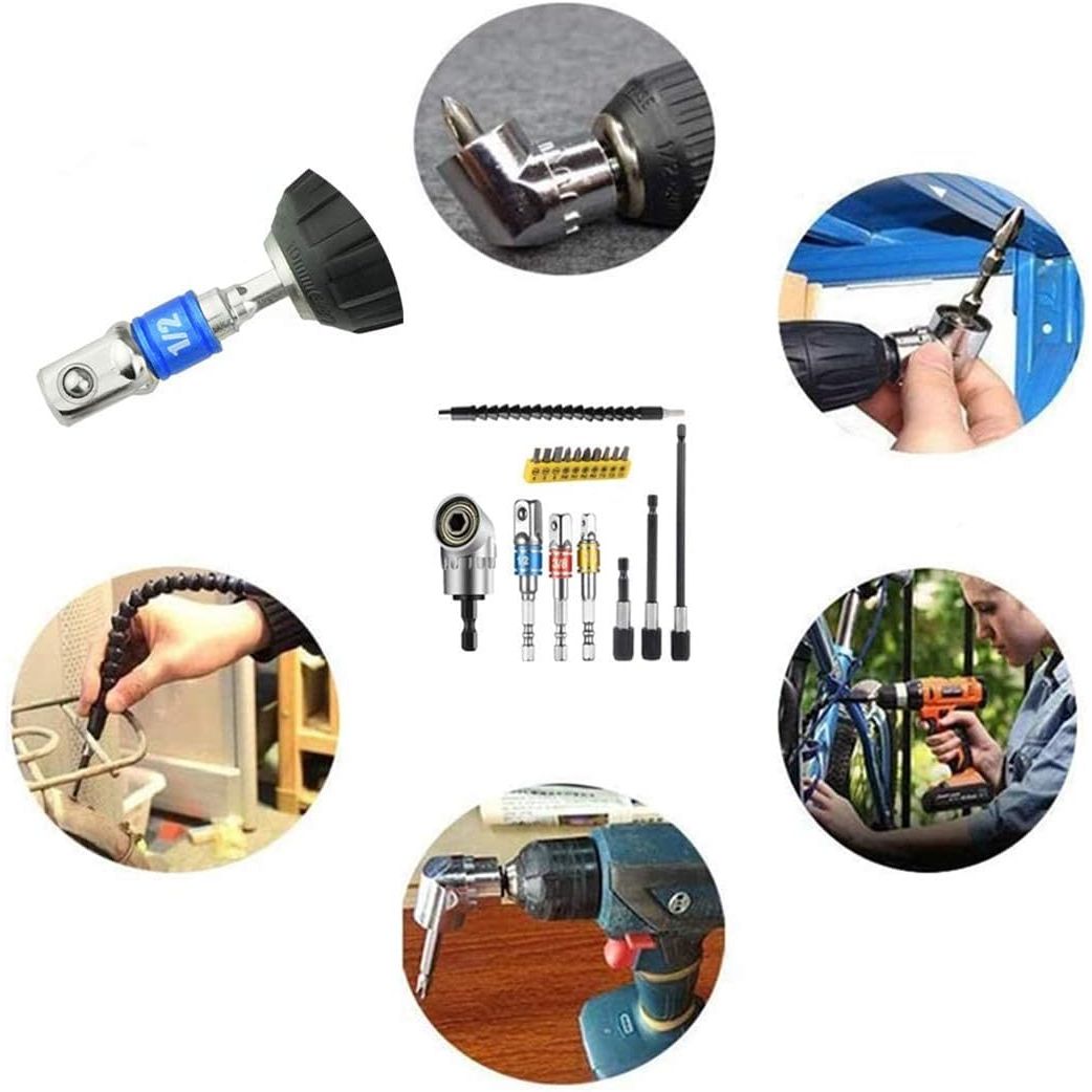 FOUUA Flexible Drill Bit Extension Kit, Includes 105° Right Angle Drill, 3pcs Universal Socket Adapter Set (1/4, 3/8, 1/2"), 3pcs Drill Bit Holders, 10pcs Screwdriver Bit Set - Just Closeouts Canada Inc.