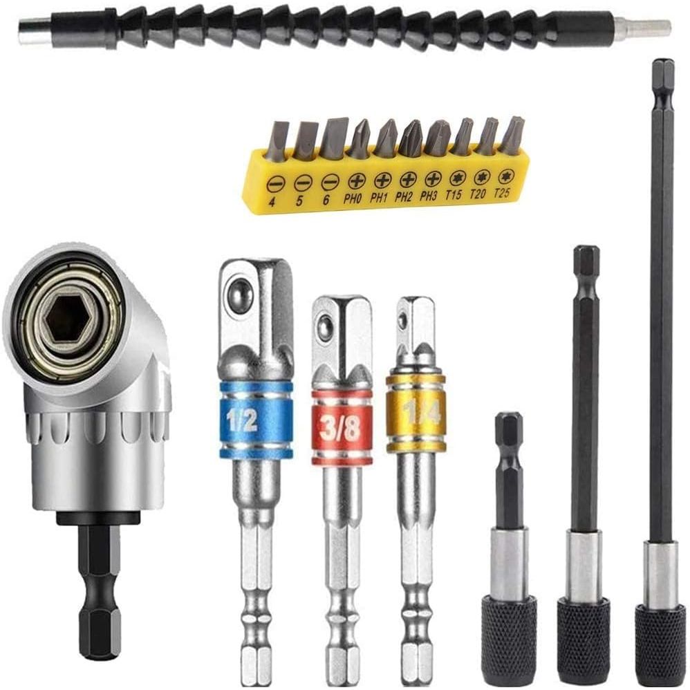FOUUA Flexible Drill Bit Extension Kit, Includes 105° Right Angle Drill, 3pcs Universal Socket Adapter Set (1/4, 3/8, 1/2"), 3pcs Drill Bit Holders, 10pcs Screwdriver Bit Set - Just Closeouts Canada Inc.