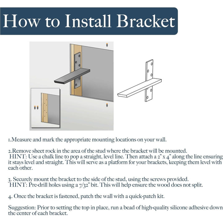 Free Hanging Countertop Support Bracket 18"Lx2 1/2"W Hidden Floating Wall Bracket 3/8" Thick Heavy Duty Granite Countertop Bracket Hidden Shelf Bracket for Floating Wall Bars,Wall Bench Seats,Vanities - Just Closeouts Canada Inc.