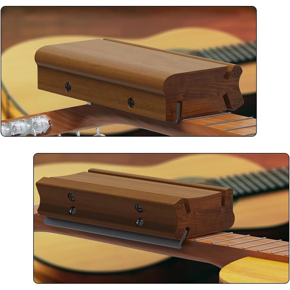 Fret file shown on guitar neck in two positions