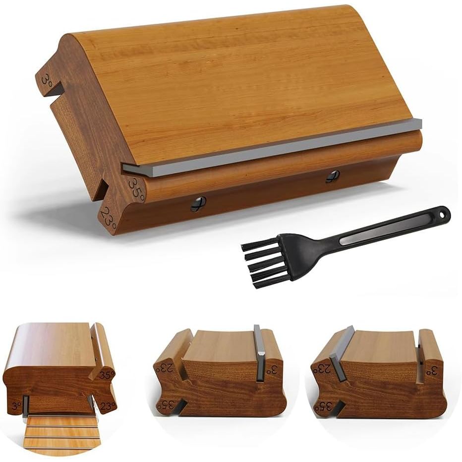 Wooden fret file and beveling channel views
