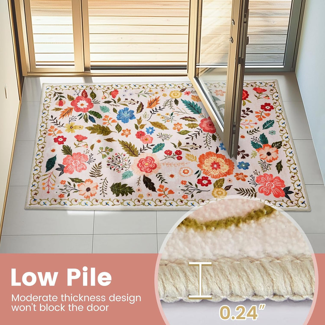 Front Door Mats Indoor, 2x3 Ft Small Floral Area Rugs Ultra Thin Non - Slip Washable Carpet Stain Resistant Boho Low - Pile for Entry Bedroom Kitchen Hallway Kids Room Laundry(Beige with Pink) - Just Closeouts Canada Inc.