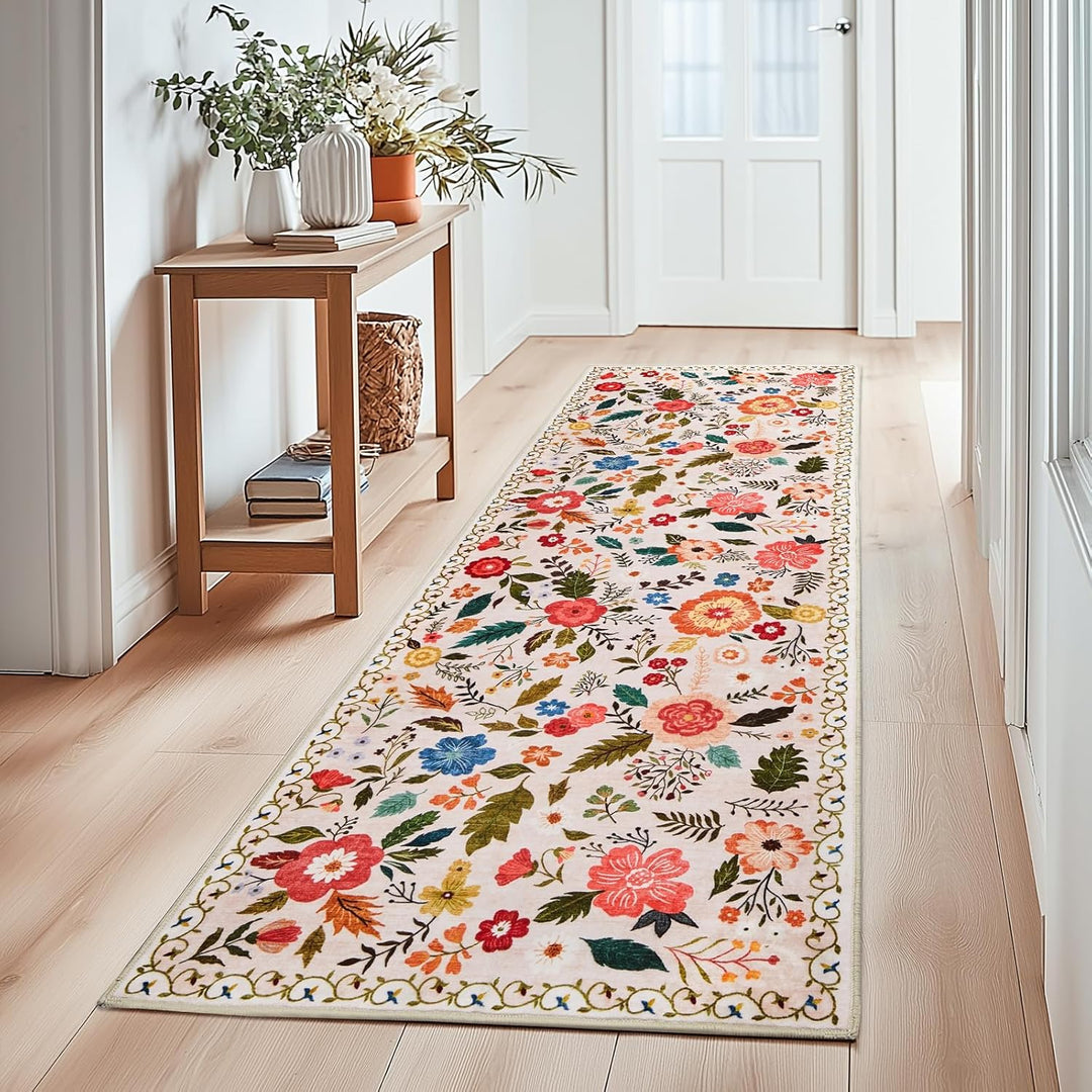 Front Door Mats Indoor, 2x3 Ft Small Floral Area Rugs Ultra Thin Non - Slip Washable Carpet Stain Resistant Boho Low - Pile for Entry Bedroom Kitchen Hallway Kids Room Laundry(Beige with Pink) - Just Closeouts Canada Inc.