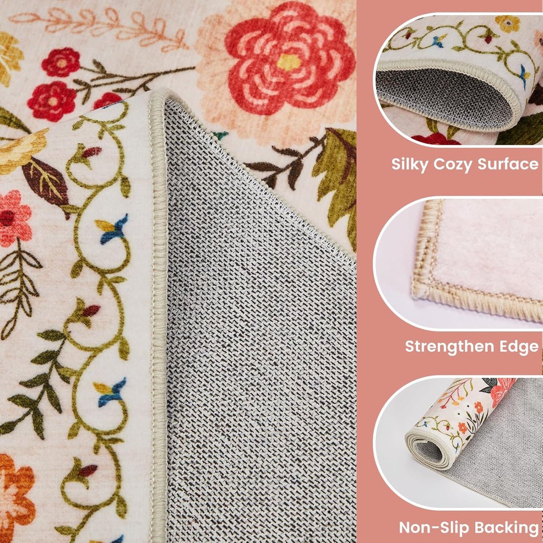 Front Door Mats Indoor, 2x3 Ft Small Floral Area Rugs Ultra Thin Non - Slip Washable Carpet Stain Resistant Boho Low - Pile for Entry Bedroom Kitchen Hallway Kids Room Laundry(Beige with Pink) - Just Closeouts Canada Inc.