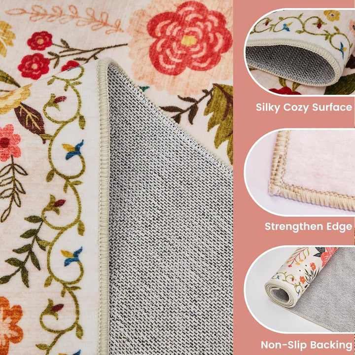 Front Door Mats Indoor, 2x3 Ft Small Floral Area Rugs Ultra Thin Non - Slip Washable Carpet Stain Resistant Boho Low - Pile for Entry Bedroom Kitchen Hallway Kids Room Laundry(Beige with Pink) - Just Closeouts Canada Inc.