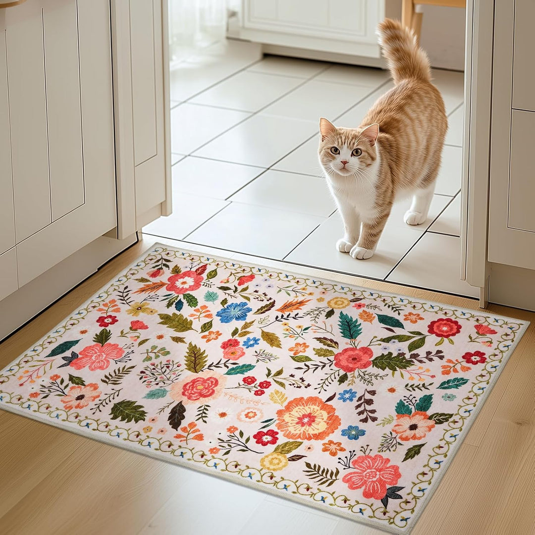 Front Door Mats Indoor, 2x3 Ft Small Floral Area Rugs Ultra Thin Non - Slip Washable Carpet Stain Resistant Boho Low - Pile for Entry Bedroom Kitchen Hallway Kids Room Laundry(Beige with Pink) - Just Closeouts Canada Inc.
