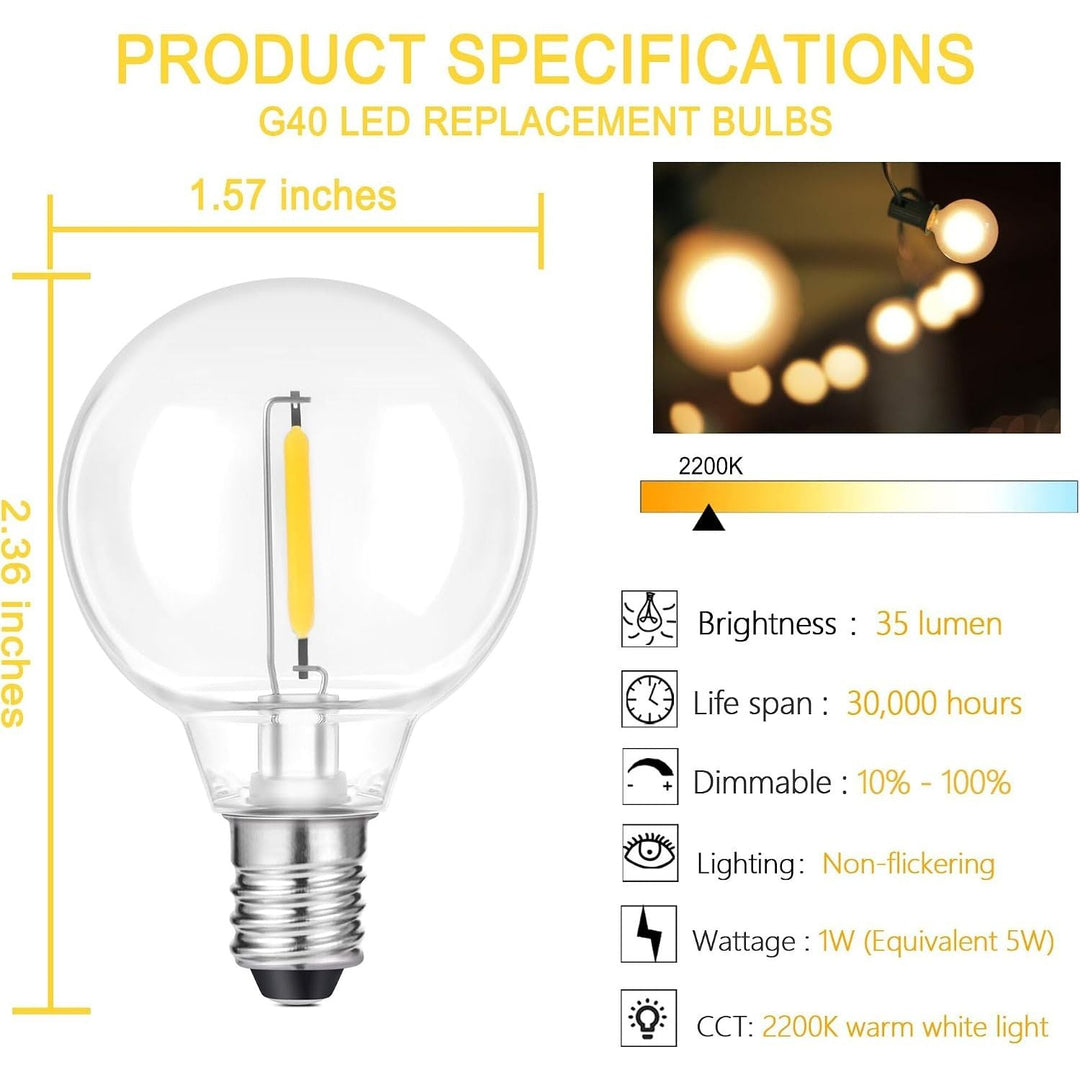 G40 Replacement Globe Bulbs E12 Screw Base Shatterproof 1W String Light Bulbs 120V Dimmable Light Bulbs 2200K 1.5 Inch Replacement Bulbs for Globe Lights, Indoor & Outdoor (50pack, Warm White) - Just Closeouts Canada Inc.X004AOZM29