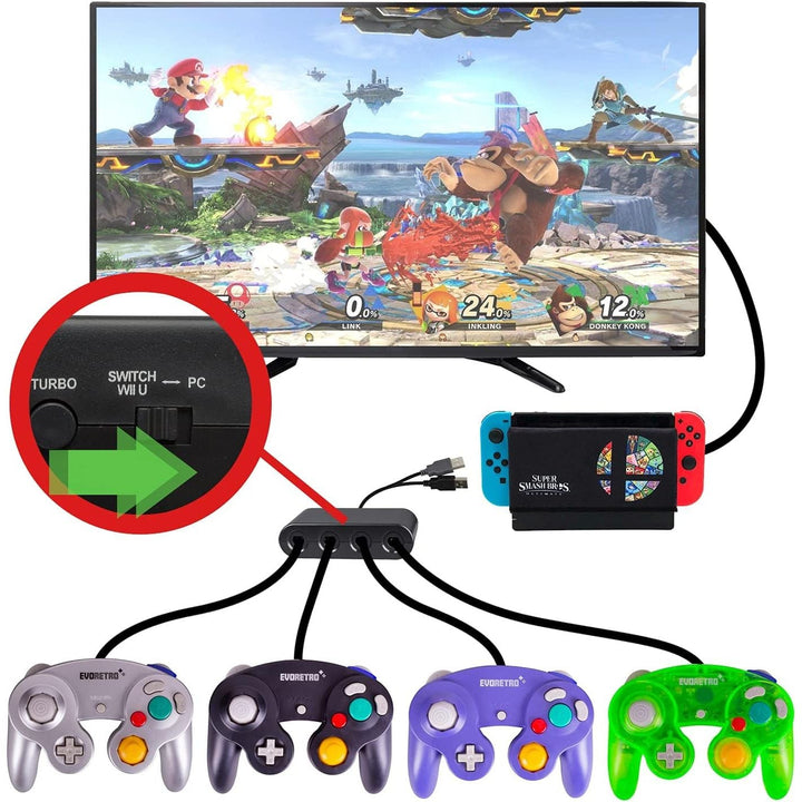 Gamecube Controller Adapter Compatible with Nintendo Wii U, PC USB and Nintendo Switch Controllers - 4 Port Black by EVORETRO - Just Closeouts Canada Inc.