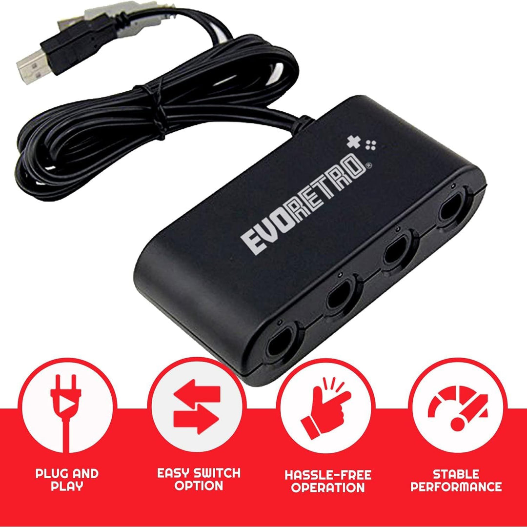 Gamecube Controller Adapter Compatible with Nintendo Wii U, PC USB and Nintendo Switch Controllers - 4 Port Black by EVORETRO - Just Closeouts Canada Inc.