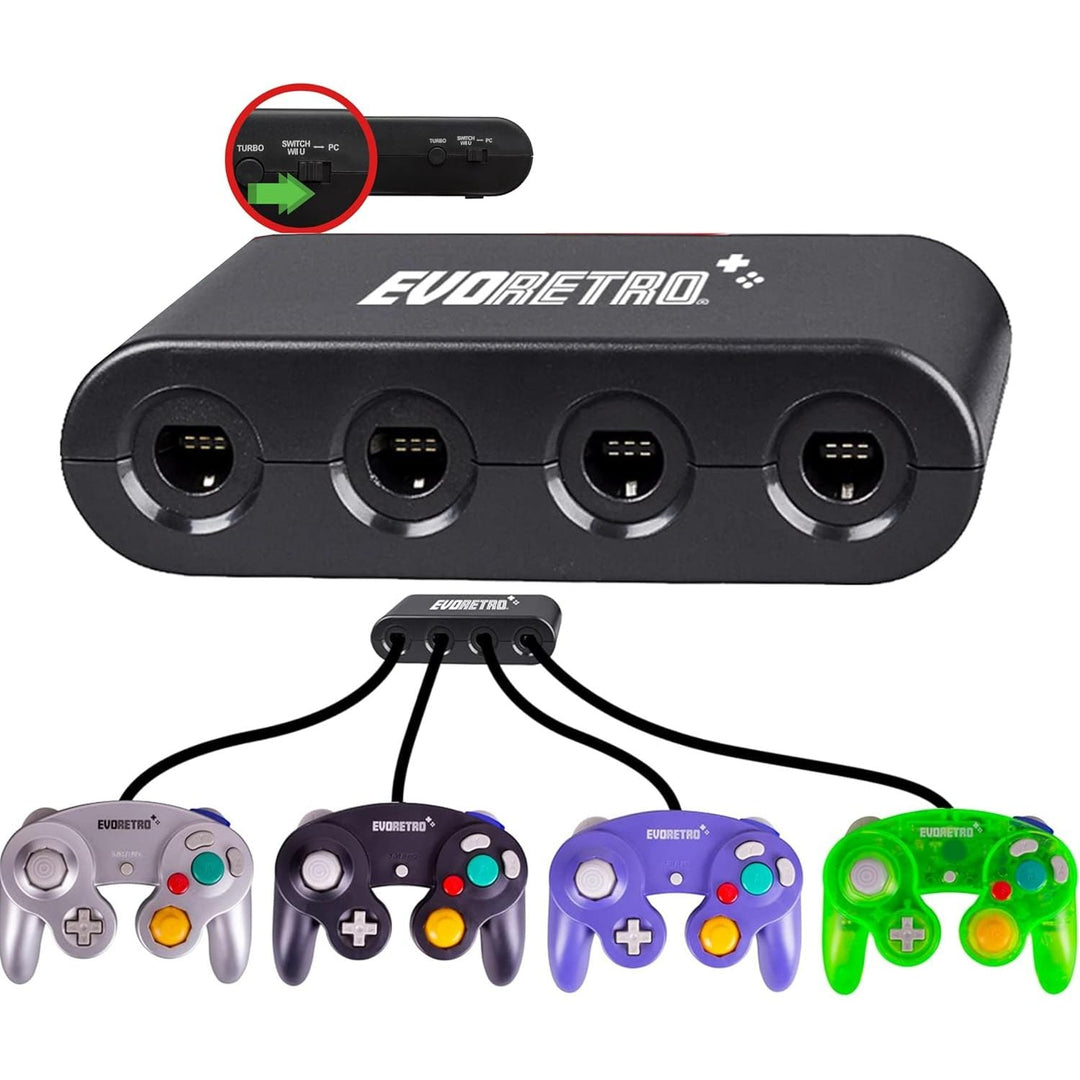 Gamecube Controller Adapter Compatible with Nintendo Wii U, PC USB and Nintendo Switch Controllers - 4 Port Black by EVORETRO - Just Closeouts Canada Inc.
