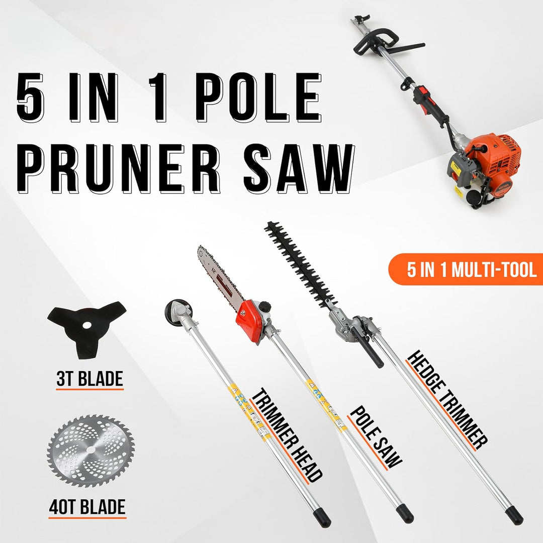 Gas Powered Hedge Trimmer 41.5cc Gas Weed Wacker 5 in 1 Weed Eater Gas Powered Multi Functional Garden Trimming Tools Gas Weed Eater Long Reach Pole Saw for Tree Trimming (one 41.5cc Engine) - Just Closeouts Canada Inc.