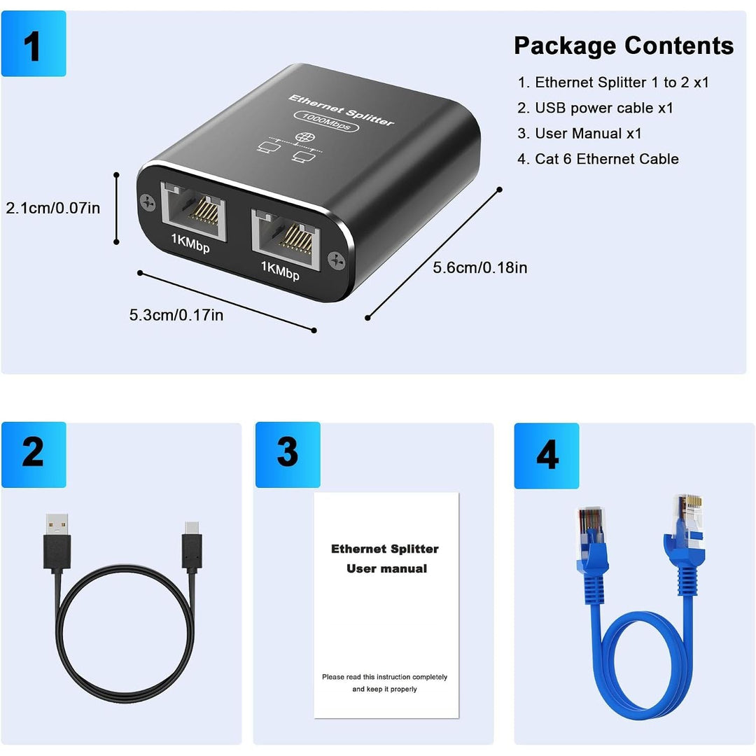 Gigabit Ethernet Splitter 1 to 2, 1000Mbps RJ45 Splitter with Cat 6 Cable & USB Power, Ethernet Cable HUB for Cat 5/5e/6/7/8, High-Speed Internet Adapter for Home/Office - Just Closeouts Canada Inc.X004M52N05