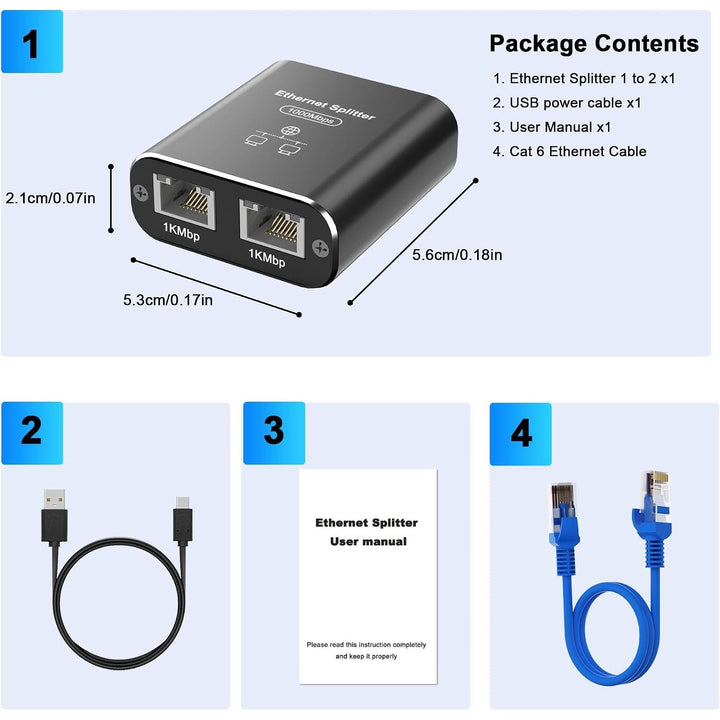 Gigabit Ethernet Splitter 1 to 2, 1000Mbps RJ45 Splitter with Cat 6 Cable & USB Power, Ethernet Cable HUB for Cat 5/5e/6/7/8, High-Speed Internet Adapter for Home/Office - Just Closeouts Canada Inc.X004M52N05