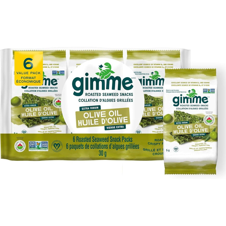 gimMe Organic Roasted Seaweed Snacks 30g Multipack - Extra Virgin Olive Oil - Healthy On - The - Go Snack for Kids & Adults - Keto, Vegan, Gluten Free - 6 x 5g - Just Closeouts Canada Inc.
