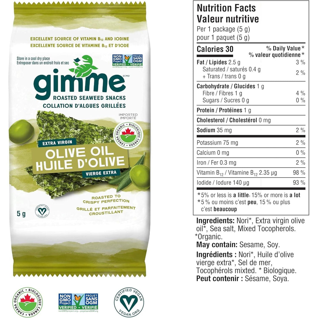 gimMe Organic Roasted Seaweed Snacks 30g Multipack - Extra Virgin Olive Oil - Healthy On - The - Go Snack for Kids & Adults - Keto, Vegan, Gluten Free - 6 x 5g - Just Closeouts Canada Inc.